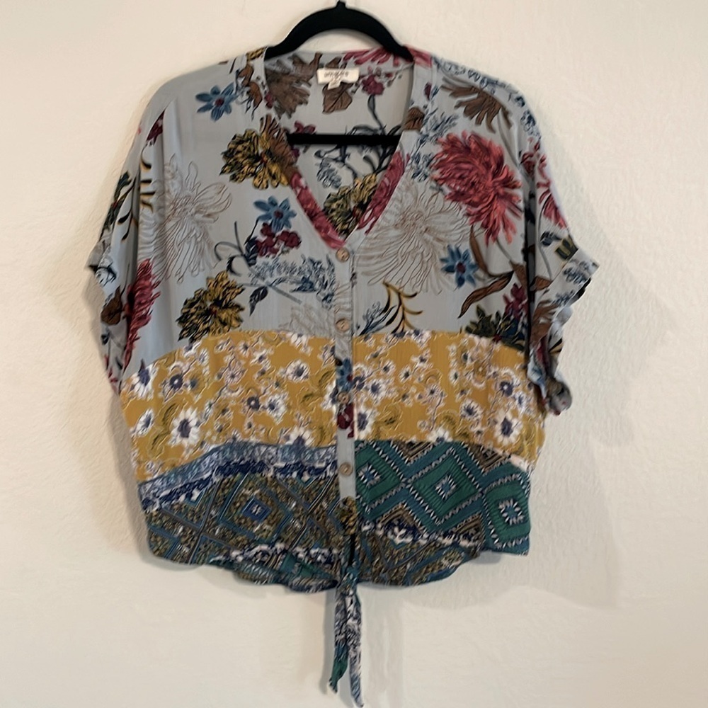 Umgee Women's Button Front Medium Blue Bohemian Mix Floral Print Shirt
